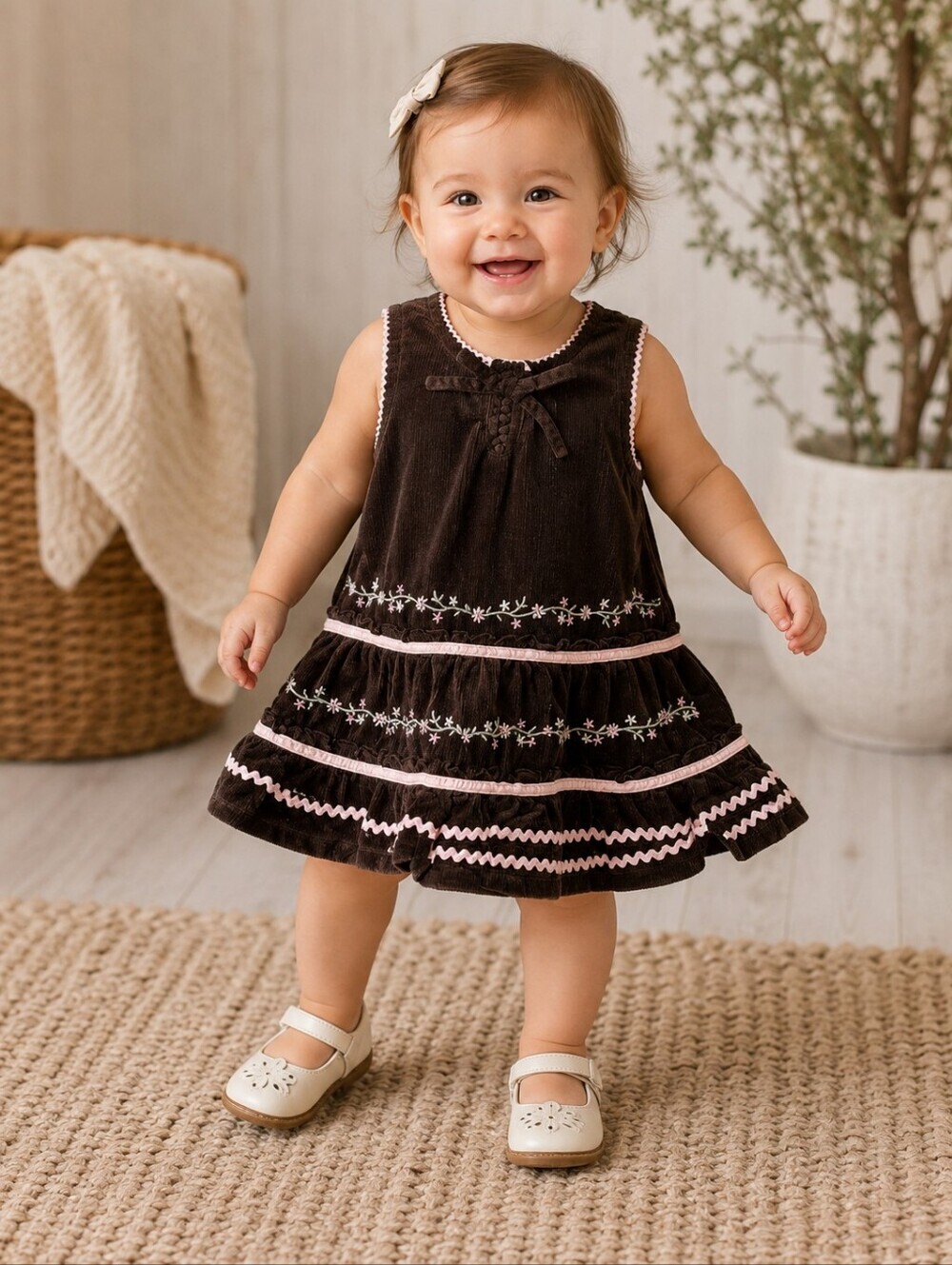 Blueberi Boulevard Brown Corduroy Dress Infants 18M Embroidered Flowers EUC